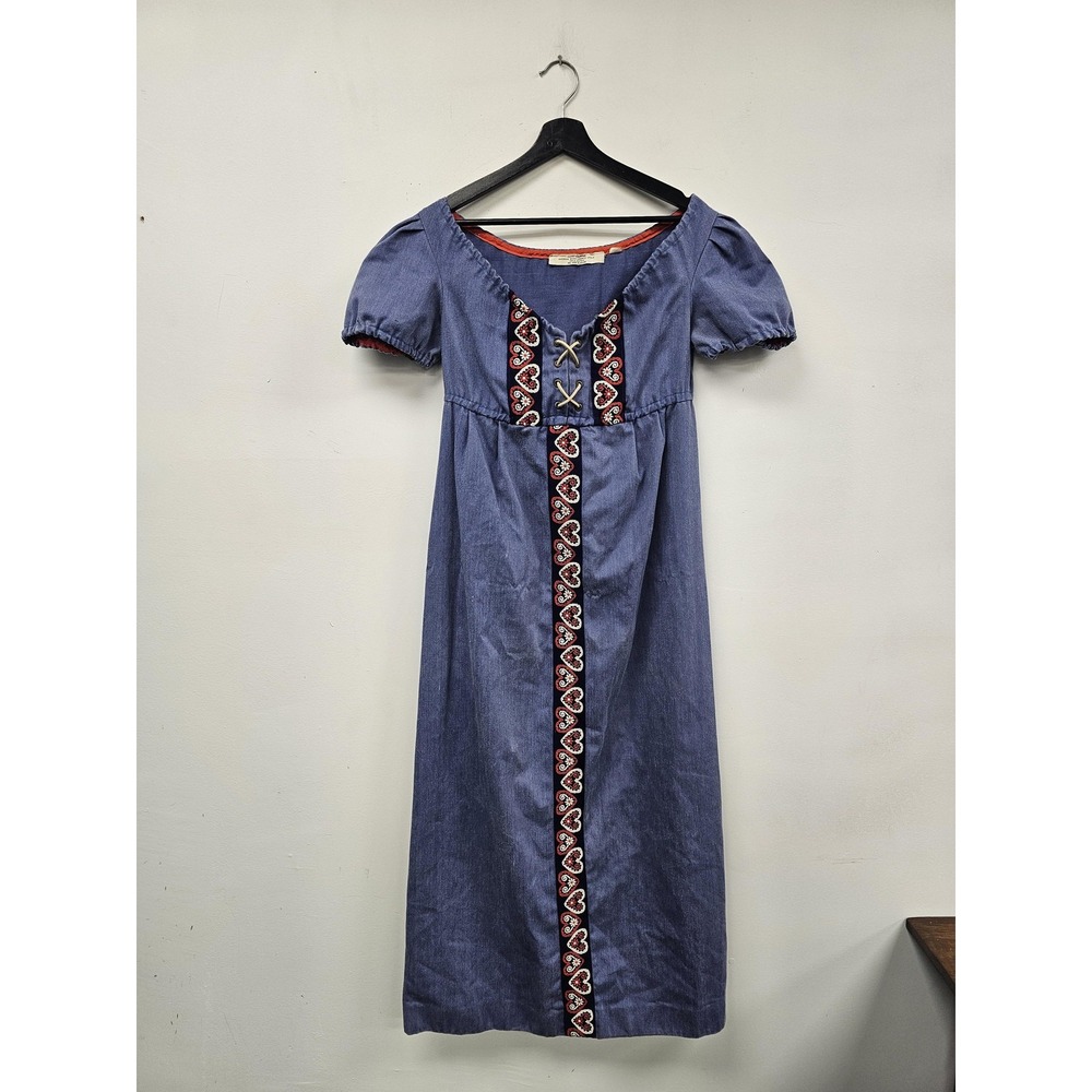 Vintage Heart Trim Denim Dress Womens Small‎ Blue Prairie Peasant Maxi Boho 70s